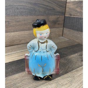 Vintage Dutch Boy Planter Porcelain 5.5" Blue Pants Black Hat Spring Succulent